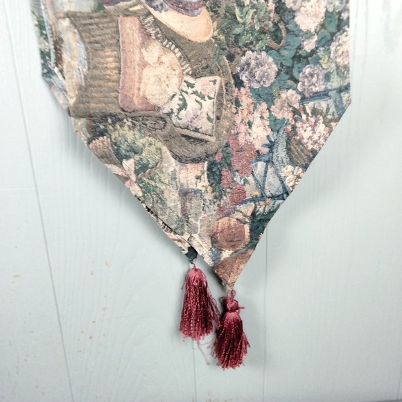 Vintage Tapestry Table Runner Cats in The Garden Tea Time Tassels 80s Romantic - Picture 5 of 15